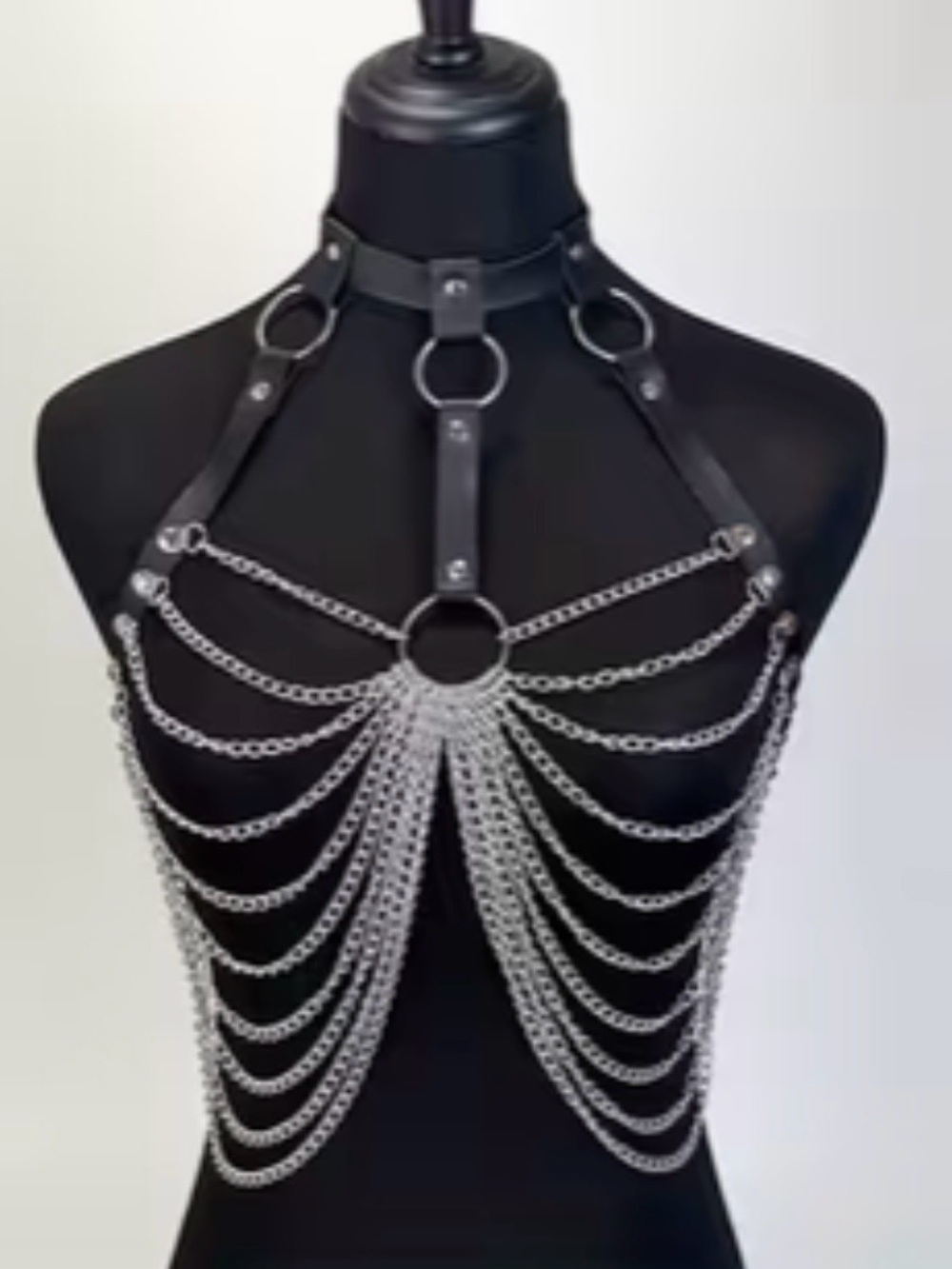 Silver Chain Harness Body Jewelry with Black Leather Straps NEW